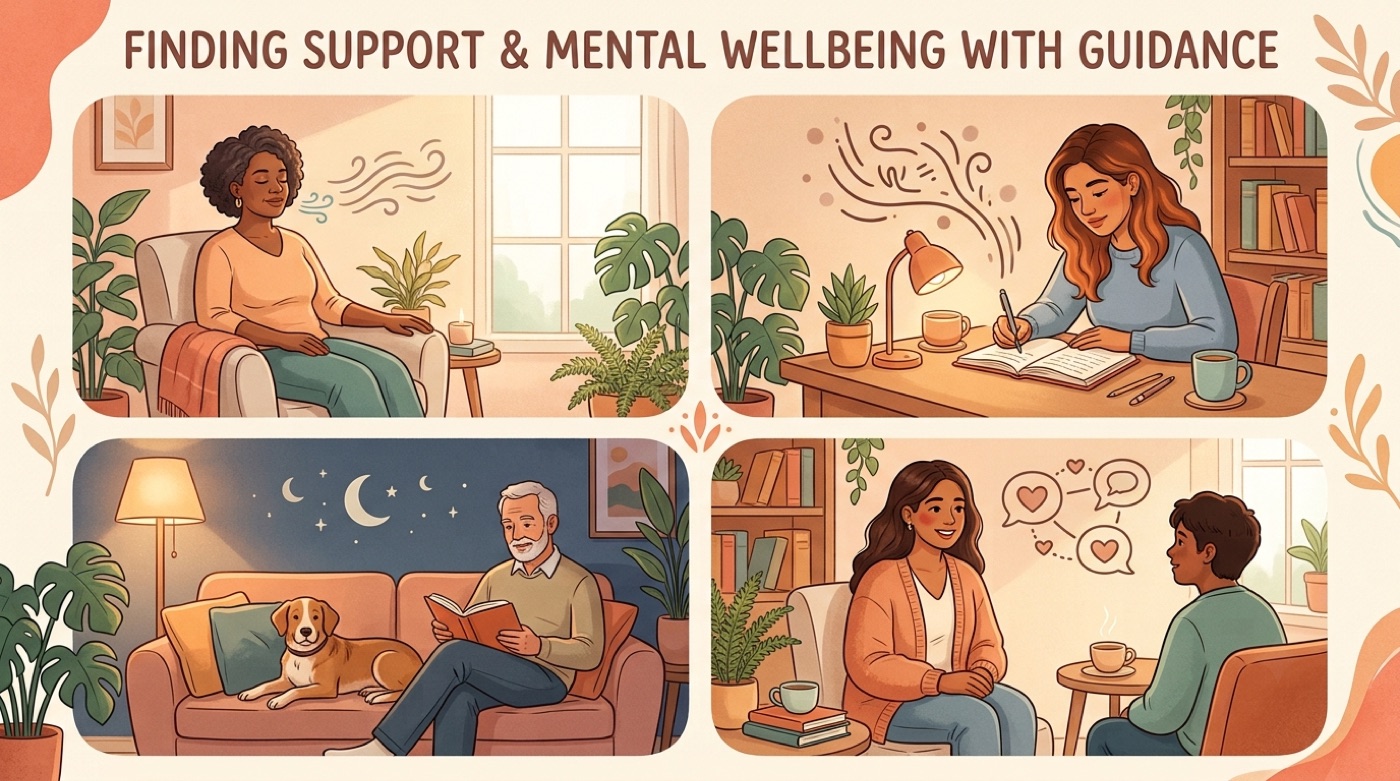 A warm grid of everyday support: breathing, journaling, a calm evening, a supportive talk