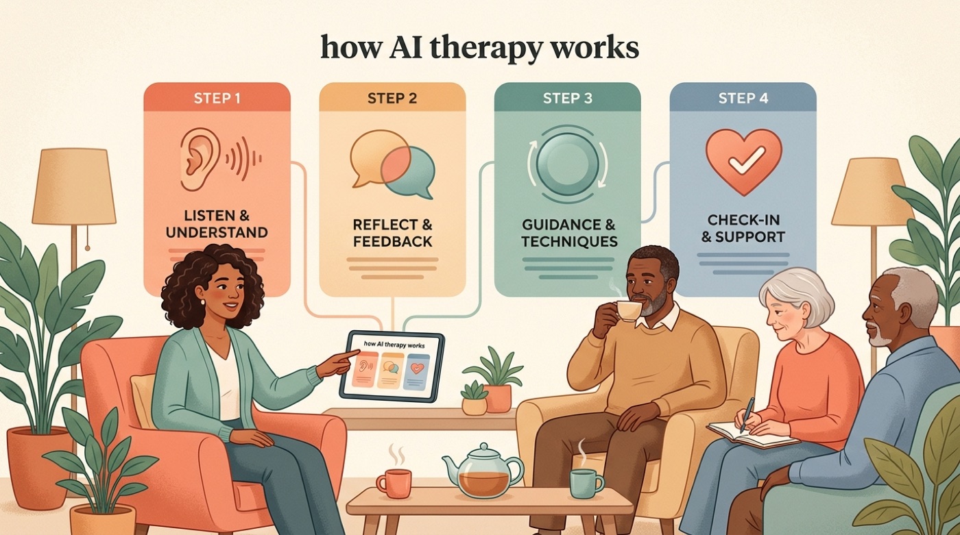 A four-step flow of how AI therapy works: listen, reflect, offer a technique, check in