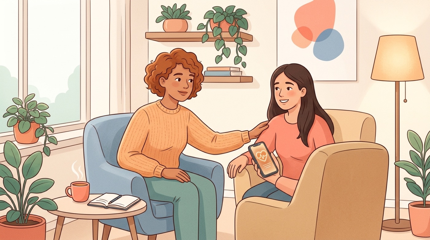 A caring, reassuring scene about reaching out for real human help in a crisis