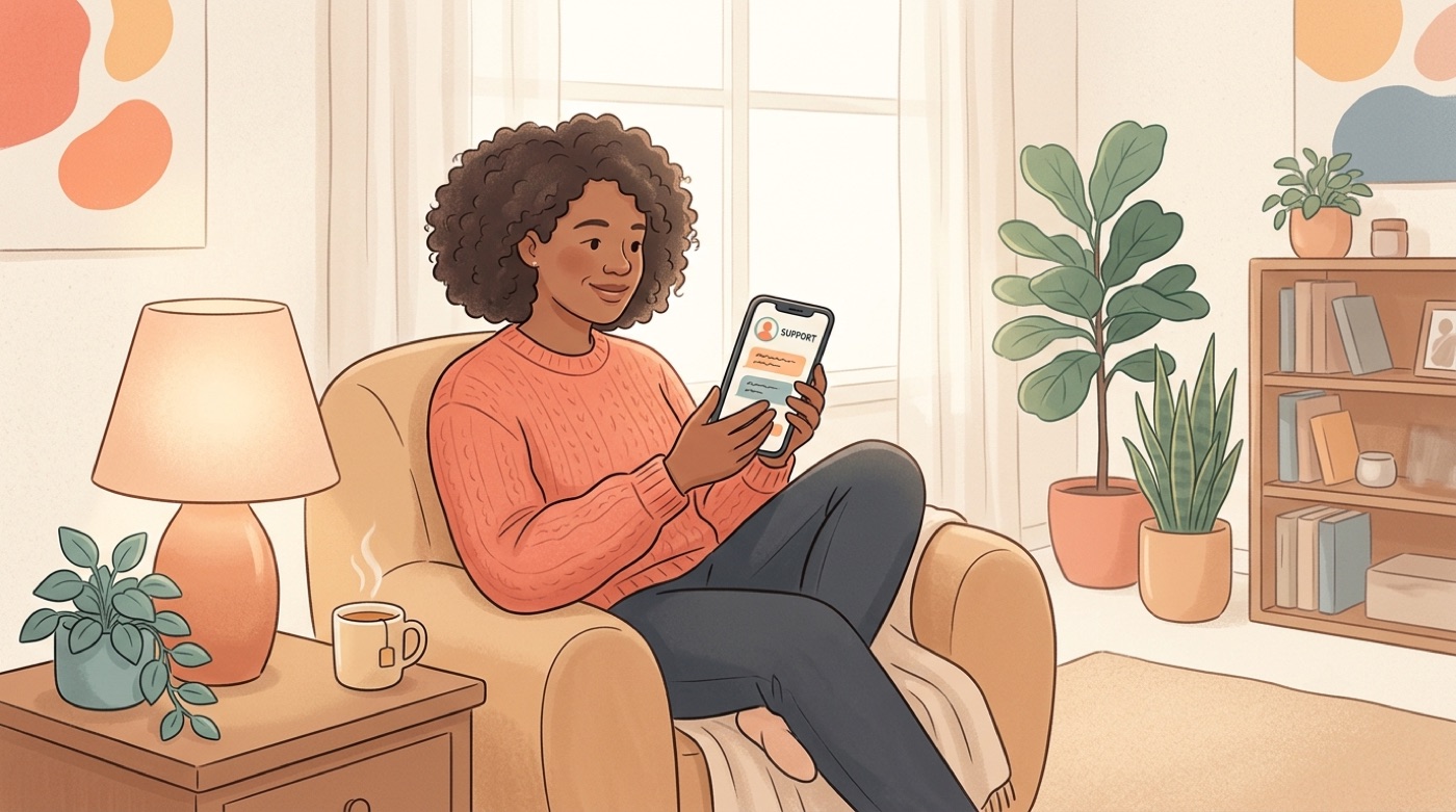 A person relaxing in a cozy armchair having a calm, supportive AI therapy chat on their phone